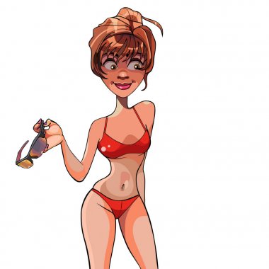 kırmızı mayo karikatür kadınla el beyaz arka plan üzerinde güneş gözlüğü