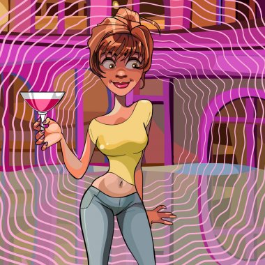 kokteyl ile gülümseyen kadın el partide karikatür
