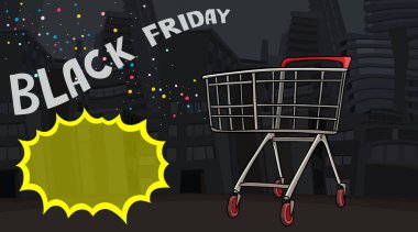Kara Cuma müşterileri için reklam kartı karikatürü alışveriş arabası