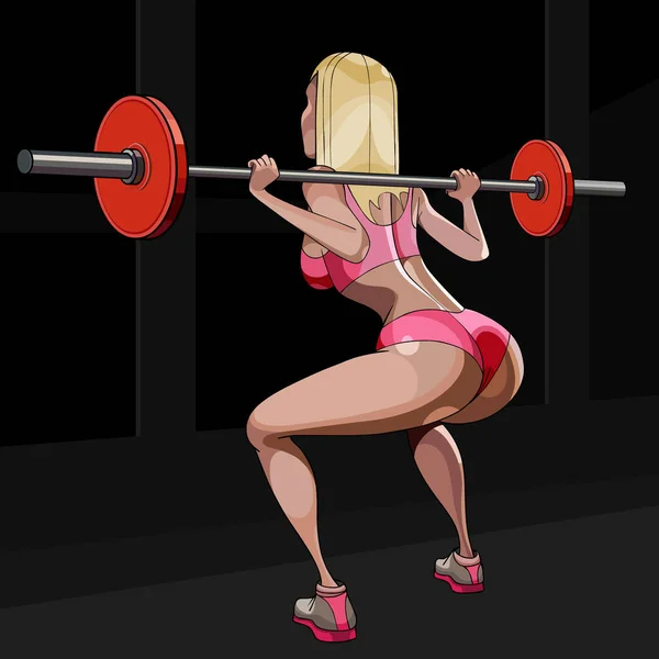 Мультфильм фитнес-девушка делает барбелл приседания упражнения — стоковый вектор