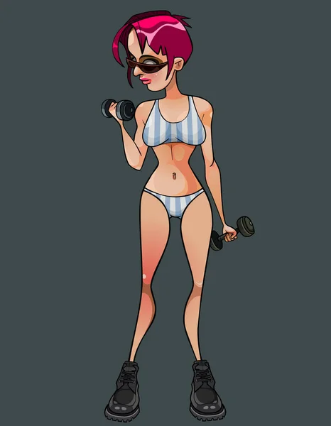 Cartoon bikini meisje doen oefening met halters — Stockvector