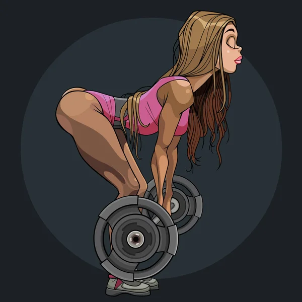 Cartoon menina atleta fazendo exercício deadlift com barbell — Vetor de Stock