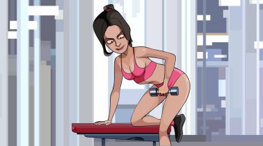 Çizgi filmdeki kadın spor salonundayken halterle egzersiz yapıyor.