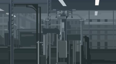 Spor salonu arka planında gri renkli egzersiz ekipmanları