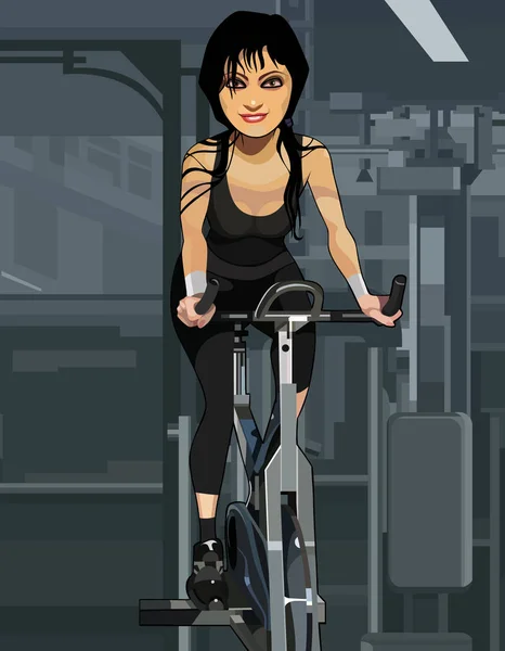 Cartoon Frau trainiert Simulator Fahrrad in der Turnhalle — Stockvektor
