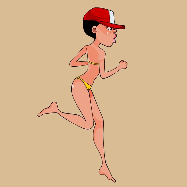 Κινουμένων σχεδίων γυναίκα με μαγιό και καπέλο τρέχει — Διανυσματικό Αρχείο