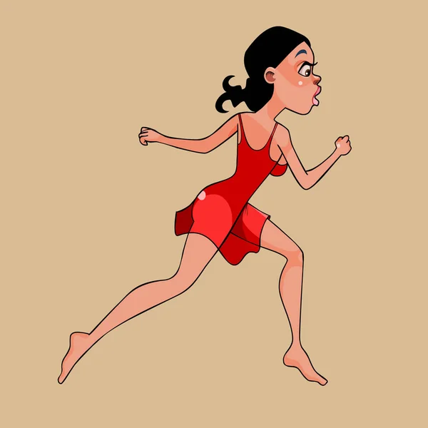 Mulher dos desenhos animados em um vestido vermelho curto corre — Vetor de Stock