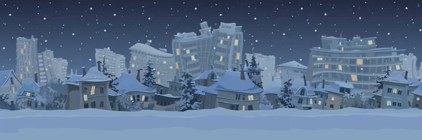 Panorama de la noche invierno ciudad fondo con dibujos animados casas torcidas — Vector de stock