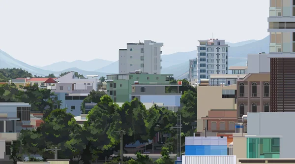 Arrière-plan d'une ville d'été avec différentes maisons et arbres entourés de montagnes — Image vectorielle