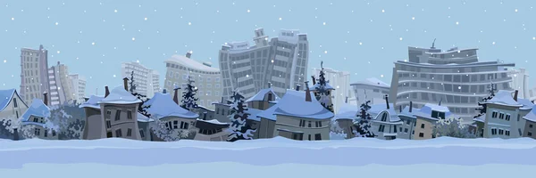 Panorama zimowego tła miasta z kreskówkami zakrzywione domy — Wektor stockowy