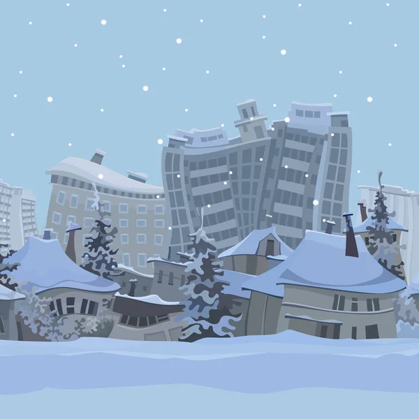 Zimowe tło miasta z kreskówek zakrzywione domy — Wektor stockowy