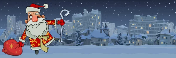 Weihnachtsmann auf dem Hintergrund eines Panoramas einer Cartoon-Winterstadt — Stockvektor