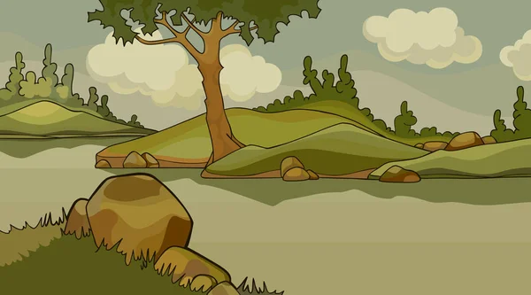 Fond de dessin animé de paysage naturel d'été au bord de la rivière — Image vectorielle