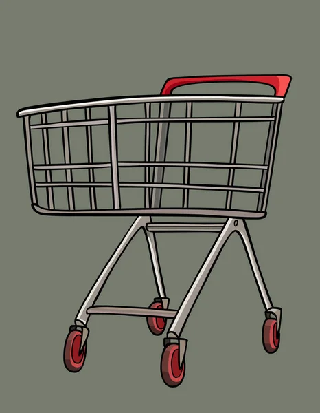 Carrito de compras de metal vacío de dibujos animados con ruedas para ir de compras — Vector de stock