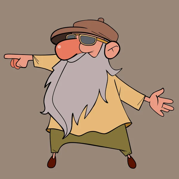 Abuelo de dibujos animados con una barba larga señala su dedo hacia un lado — Archivo Imágenes Vectoriales