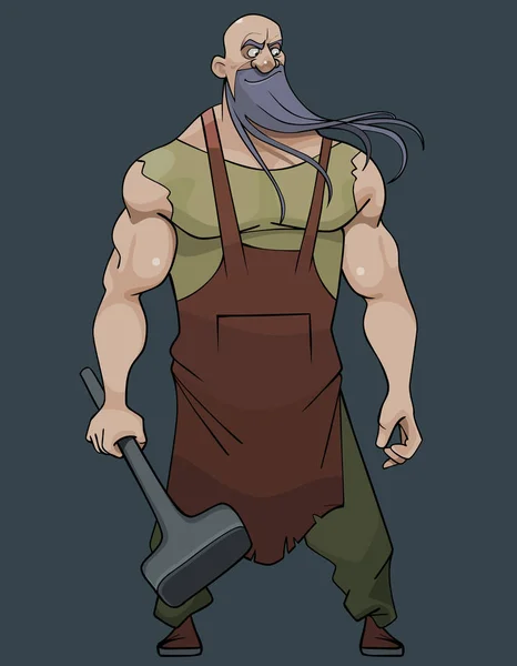 Cartoon man blacksmith with a long beard with a sledgehammer in his hand — ストックベクタ