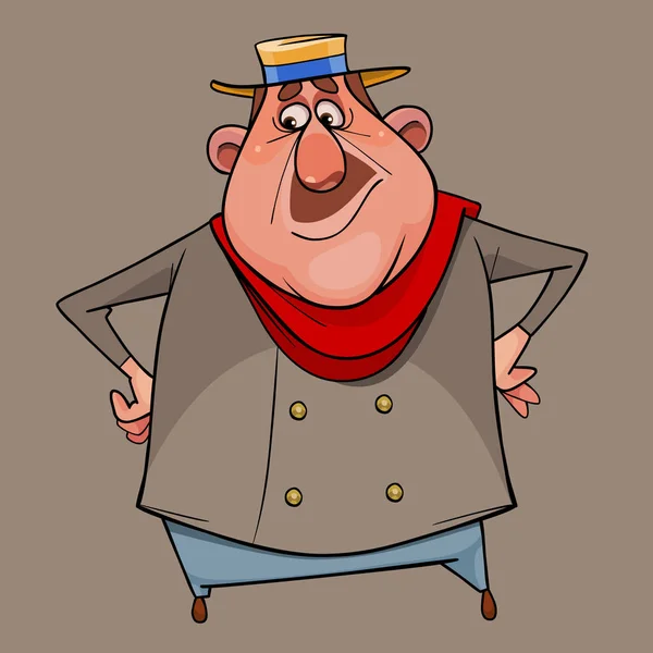 Hombre gordo de dibujos animados en sombrero de pie akimbo — Archivo Imágenes Vectoriales