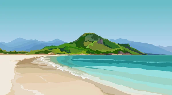 Mar turquesa con una playa de arena rodeada de montañas — Vector de stock