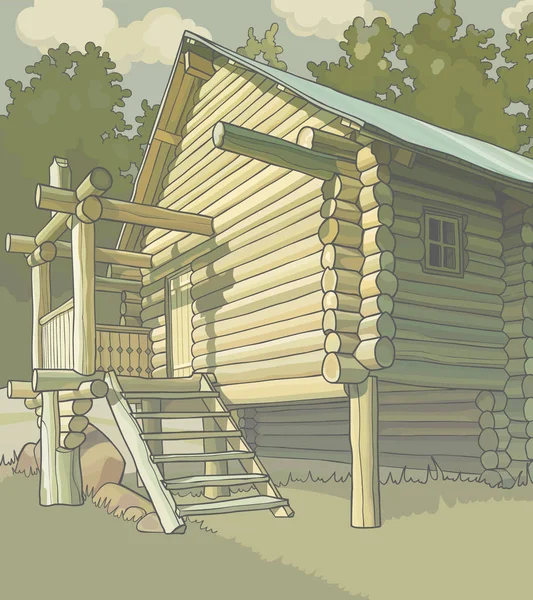 Uma casa de madeira fica em uma floresta de verão — Vetor de Stock
