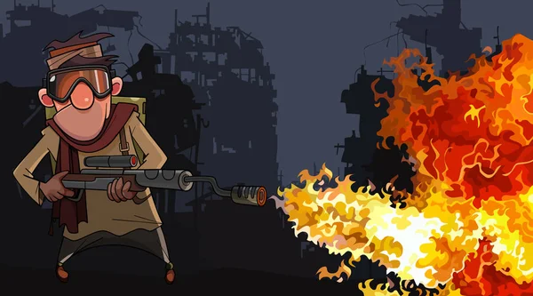 Uomo dei cartoni animati con un lanciafiamme tra le rovine di un'apocalisse post — Vettoriale Stock
