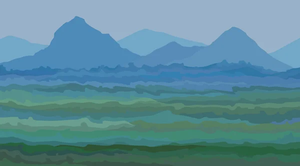 Fondo de verano pintado de un valle de montaña en la niebla — Vector de stock