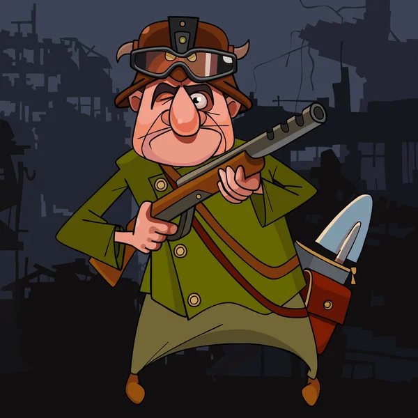 Żołnierz kreskówki w stylu cyberpunk na tle ruin — Wektor stockowy