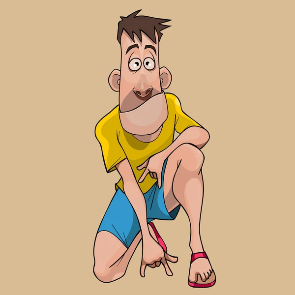 Chico de dibujos animados en ropa de verano agachado en una rodilla — Vector de stock
