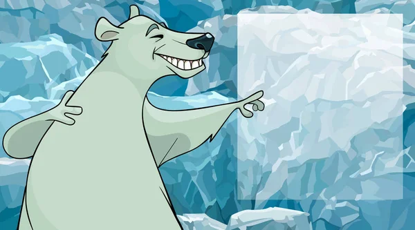 Karikatür gülümseyen kutup ayısı buz üzerinde bir reklam panosunu işaret ediyor. — Stok Vektör