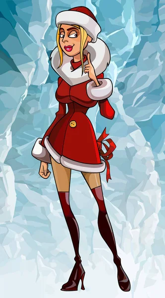 Tecknad kvinna i snö jungfru kostym på is bakgrund — Stock vektor