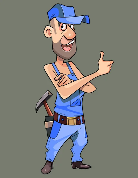 Cartoon happy man in clothes repairman craftsman with tools — Stock Vector
