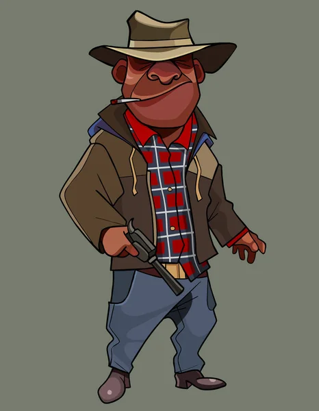 Kreslený muž v klobouku a cigareta v puse stojí s pistolí v ruce — Stockový vektor