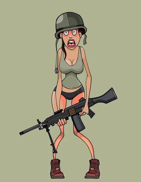 Cartoon scared woman soldier in helmet lifts a heavy machine gun — Stock Vector