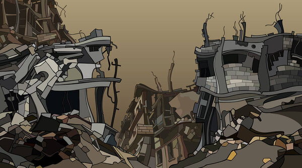 Мультипликационные руины кривых разрушенных городских домов
