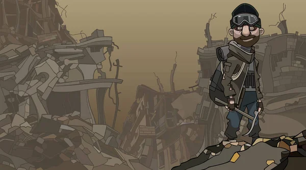 在尘土飞扬的雾中，一个拿着锄头的卡通人物在废墟的背景下 — 图库矢量图片