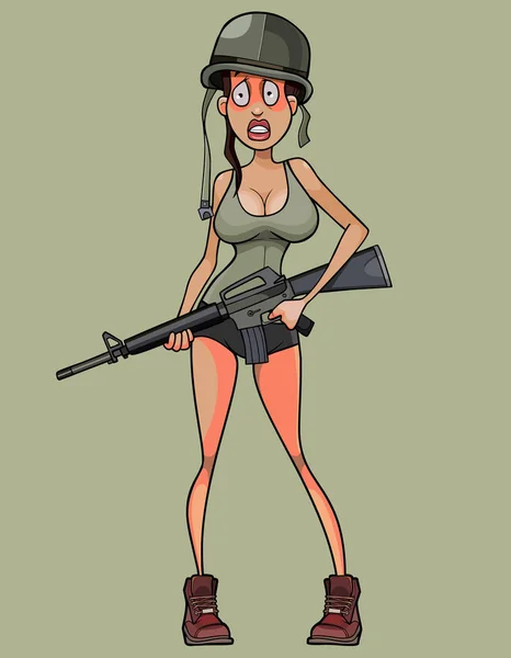 Cartone animato spaventato donna soldato in casco con mitragliatrice in mano — Vettoriale Stock