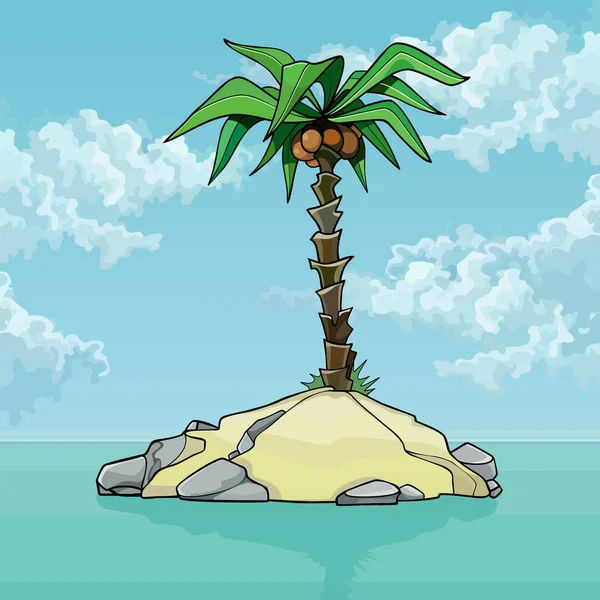 Kreskówkowa mała bezludna wyspa z palmą kokosową w oceanie — Wektor stockowy