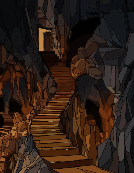 Escalera de piedra larga de dibujos animados que desciende a la cueva — Vector de stock