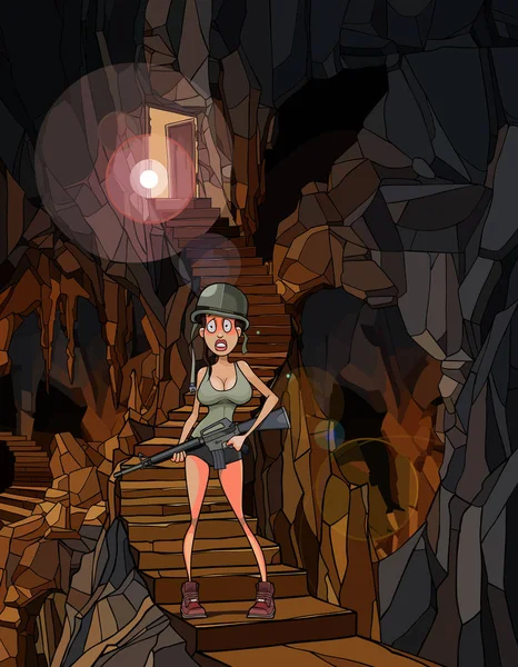 Karikatür korkmuş silahlı kadın asker mağarada merdivenlerde dikiliyor. — Stok Vektör