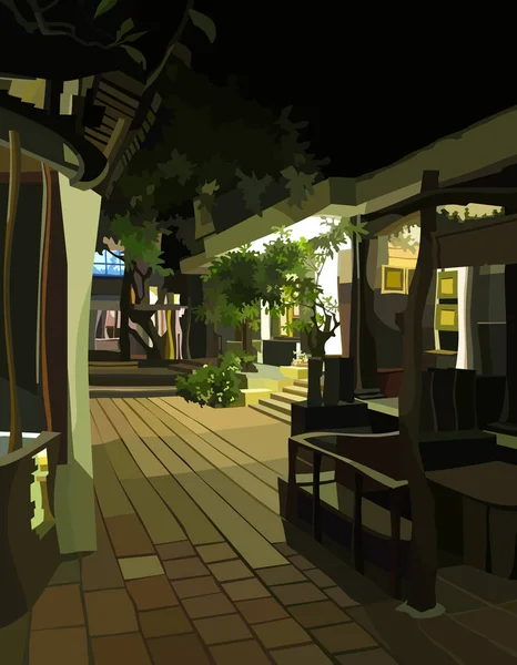 Patio de calle con construcciones de dibujos animados en la iluminación nocturna — Vector de stock
