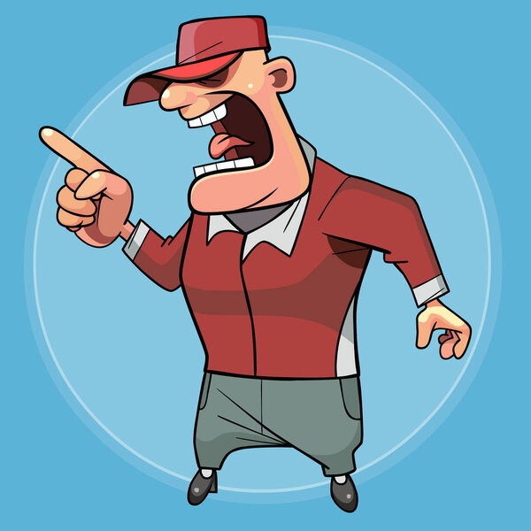 cartoon strict male trainer screaming threatening finger