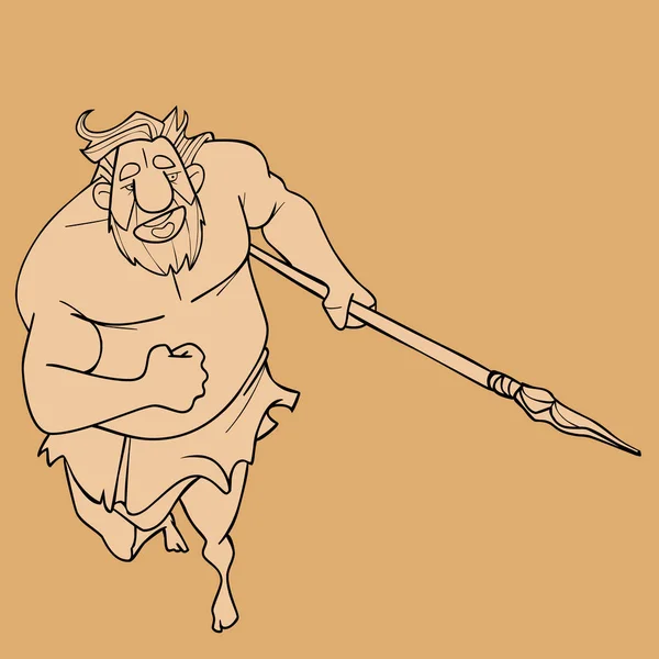 一个拿着长矛的古代尼安德特人的卡通画 — 图库矢量图片