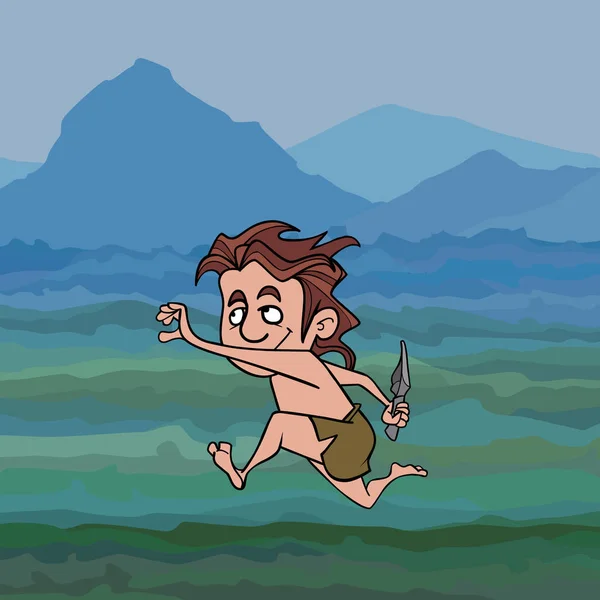 卡通人物，手里拿着石刀，跑着远古的穴居人男孩 — 图库矢量图片