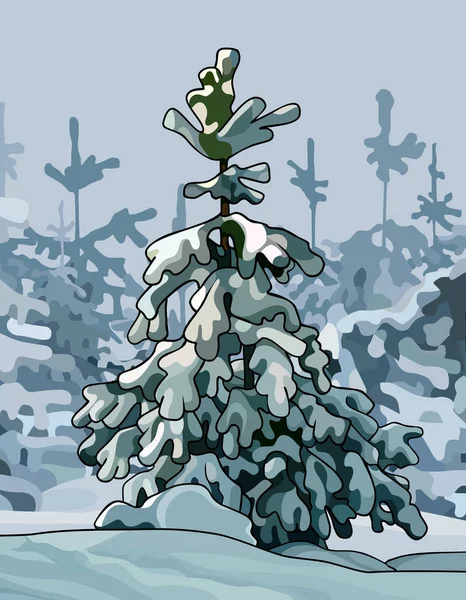 Tekenfilm kleine sparren bedekt met sneeuw in een besneeuwd bos — Stockvector