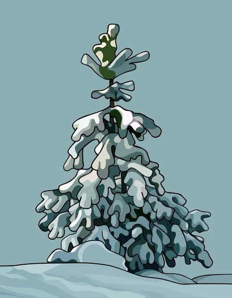 Un pequeño picea de dibujos animados cubierto de nieve en una deriva de nieve — Archivo Imágenes Vectoriales