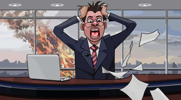 Cartoon panicking man in the office of a skyscraper whose window is on fire — 스톡 벡터