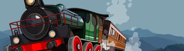 Dessin animé vintage vapeur train promenades sur un fond de montagnes — Image vectorielle