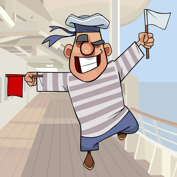 Cartoon funny sailor with flags in hands on deck of ship — 스톡 벡터