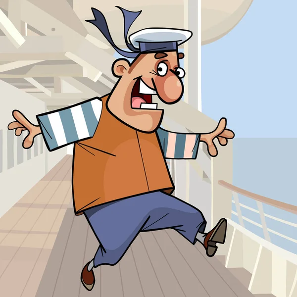 Cartoon grappige zeeman plezier hebben op het dek van het schip — Stockvector