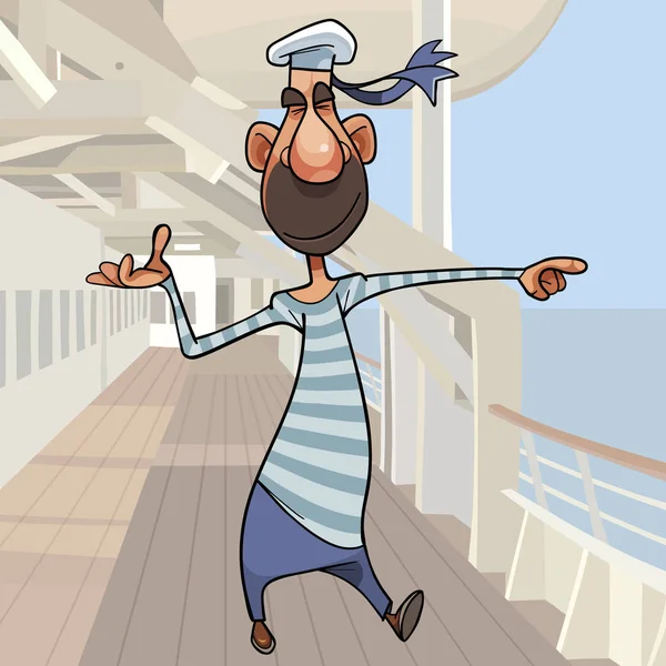 Cartoon sailor points hand standing on deck of ship — 스톡 벡터