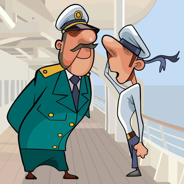 Marinheiro dos desenhos animados informa ao capitão no convés do navio — Vetor de Stock